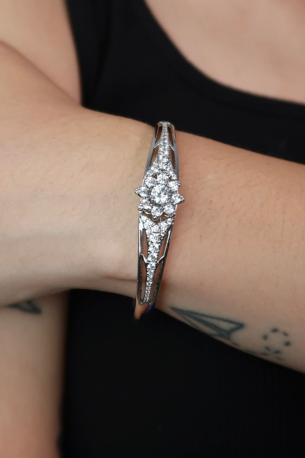 The Flower Diamond Silver Bangle