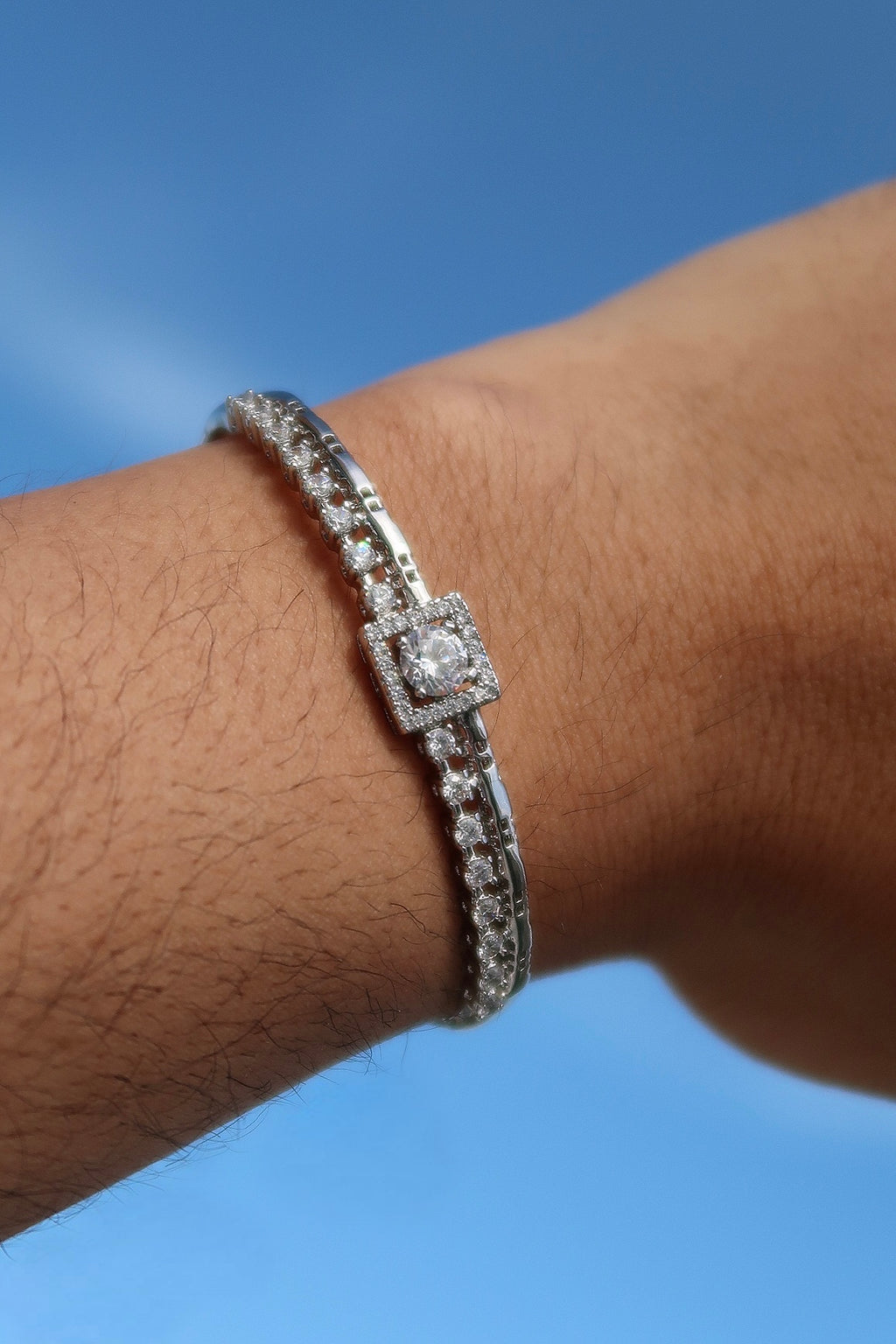 The Square Diamond Lock Silver Bangle