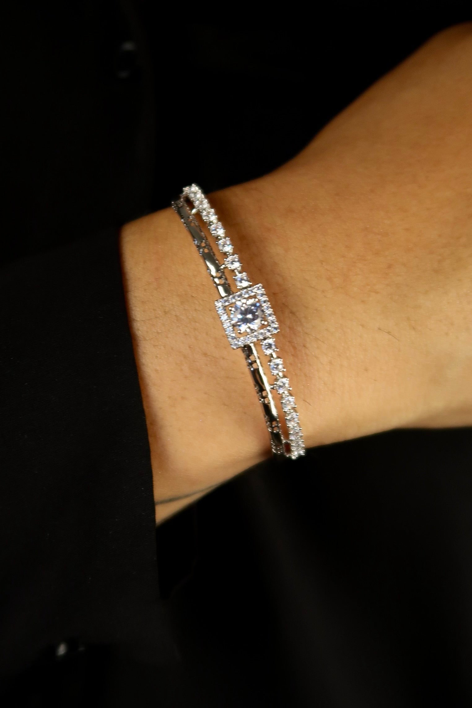 The Square Diamond Lock Silver Bangle