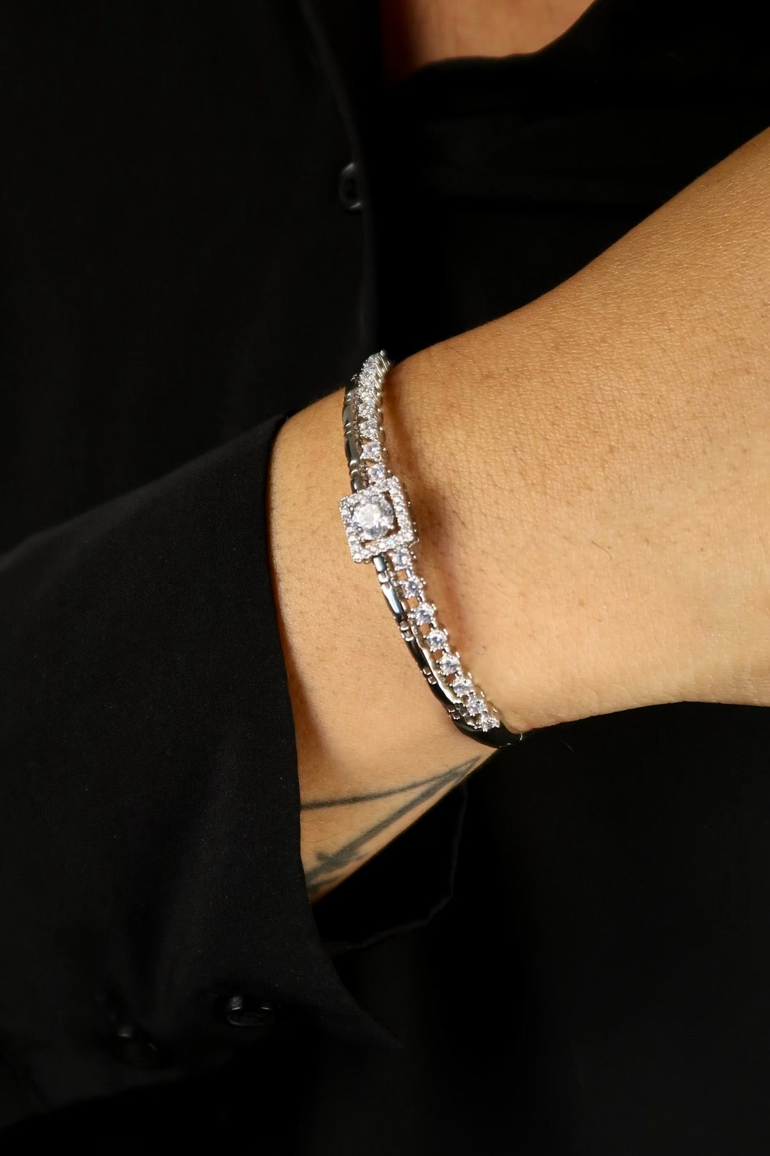 The Square Diamond Lock Silver Bangle