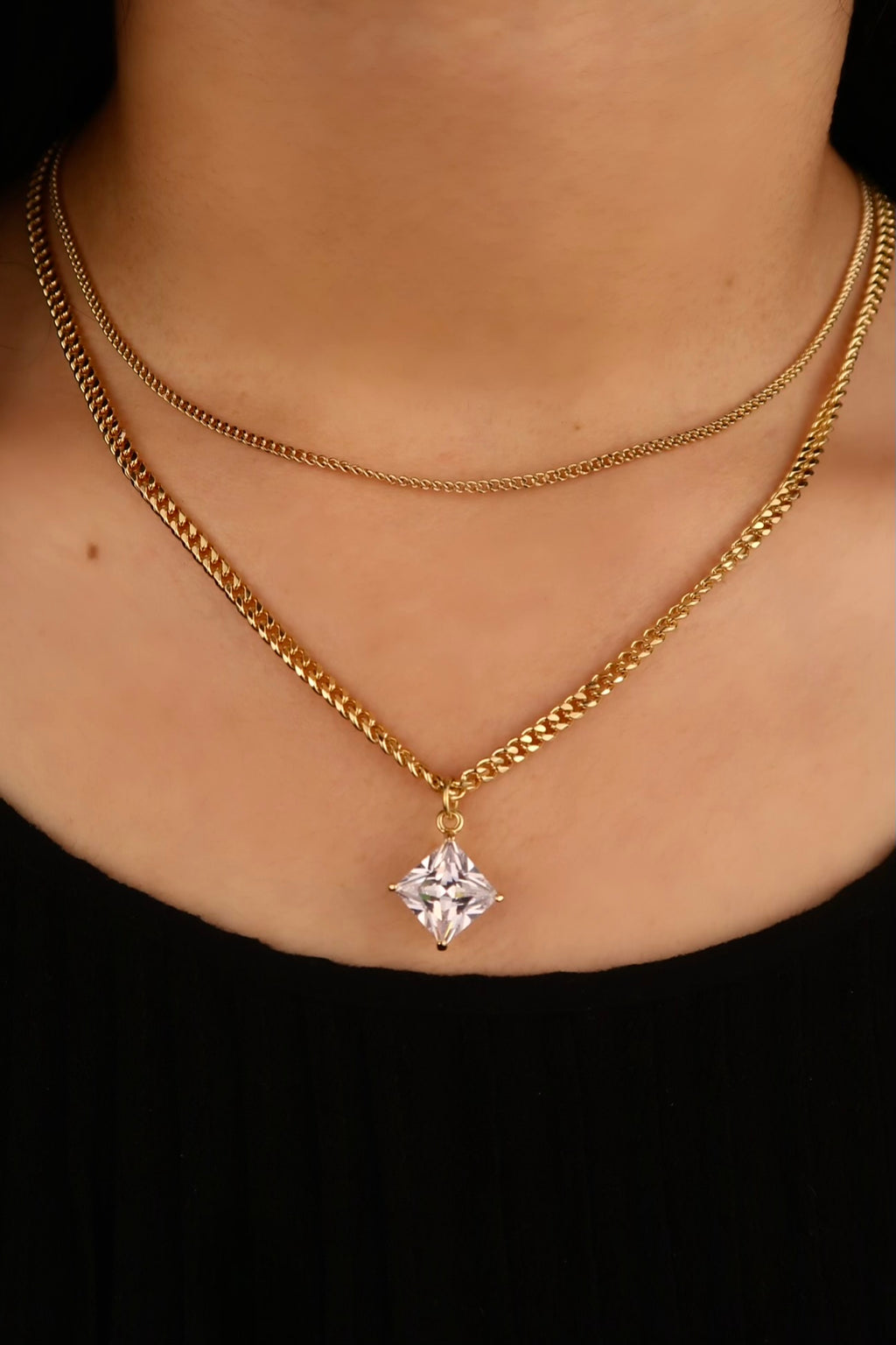 The Rhombus Diamond Double Layer Chain Necklace