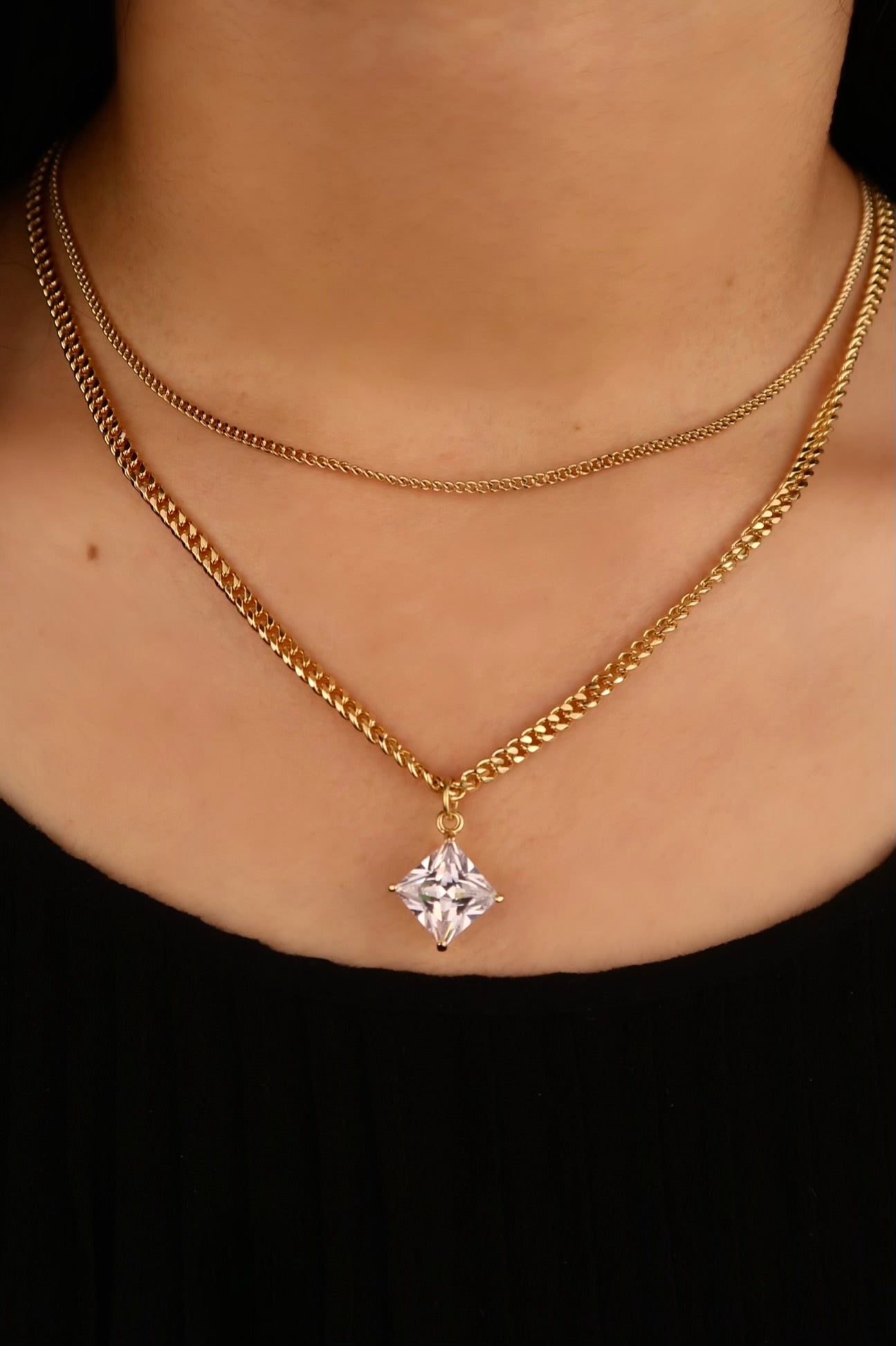 The Rhombus Diamond Double Layer Chain Necklace