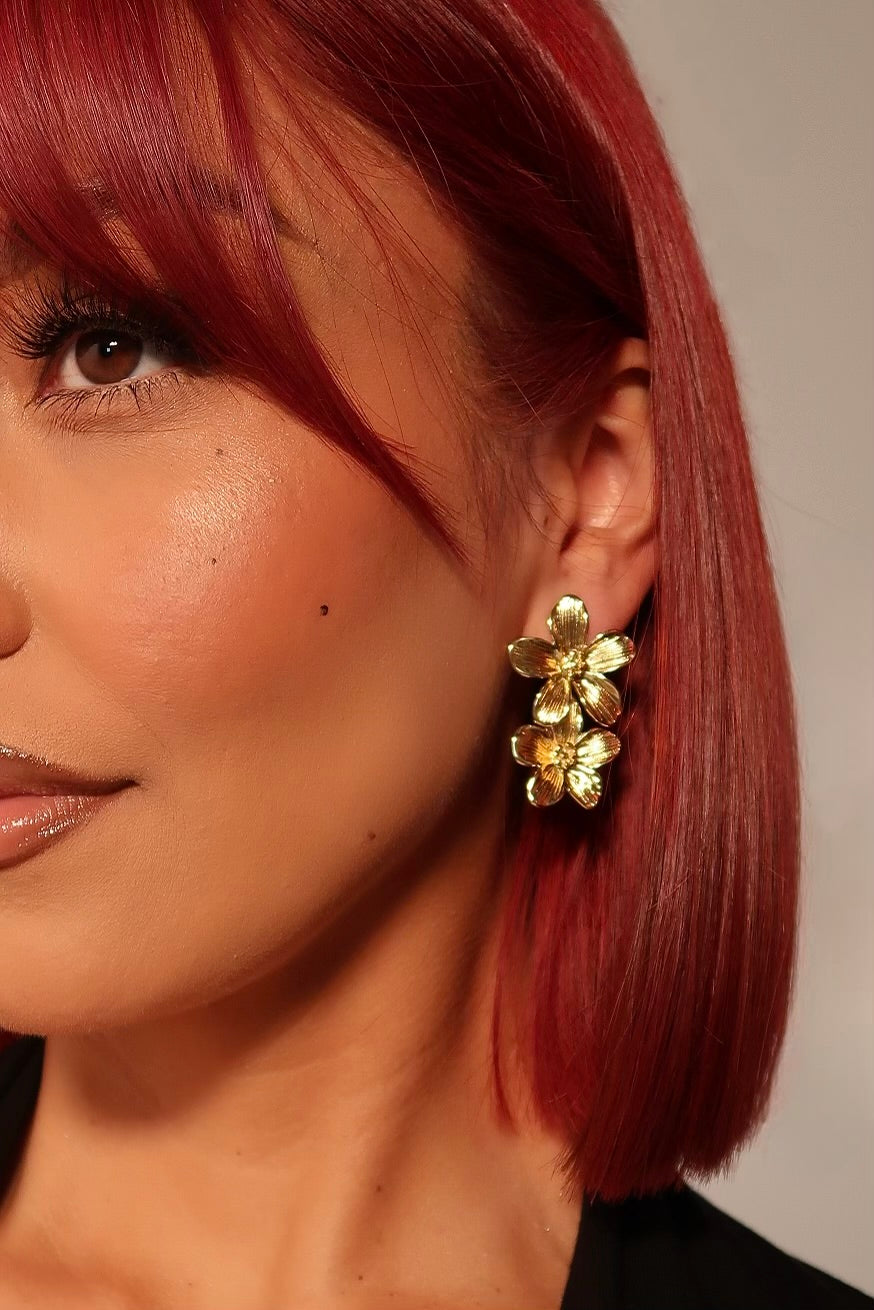 The Dangle Double Flower Gold Earrings
